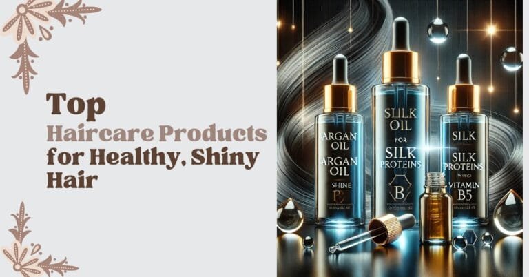 A sleek arrangement of haircare products including shampoos, conditioners, hair masks, and serums, with bold text overlay reading 'Top Haircare Products for Healthy, Shiny Hair.' Modern and luxurious design.