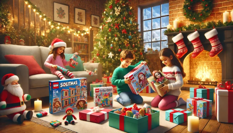 A festive holiday scene with children of different ages excitedly opening Christmas gifts, including toys, dolls, and educational kits. The cozy living room features a decorated tree and colorful presents, capturing the magic of Christmas 2024