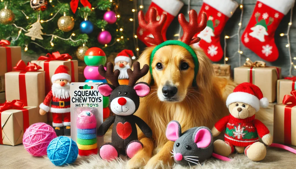 A festive display of Christmas pet toys including squeaky reindeer toys for dogs, colorful chew toys, and catnip-filled plush mice for cats, set against a holiday backdrop