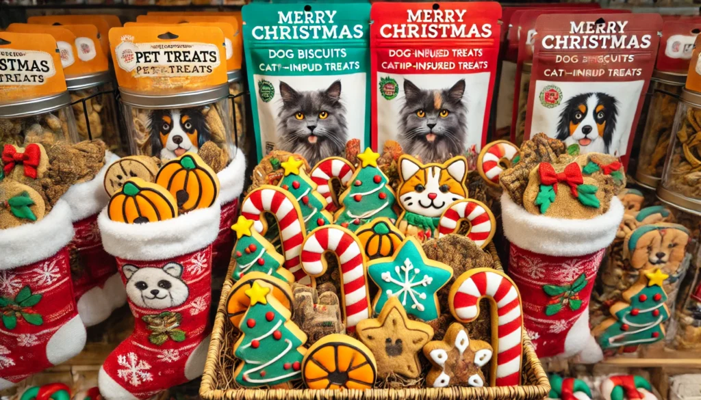 A festive display of pet treats featuring holiday-themed dog biscuits shaped like candy canes, catnip-infused snacks, and seasonal pumpkin flavors, arranged in Christmas stockings and decorative tins
