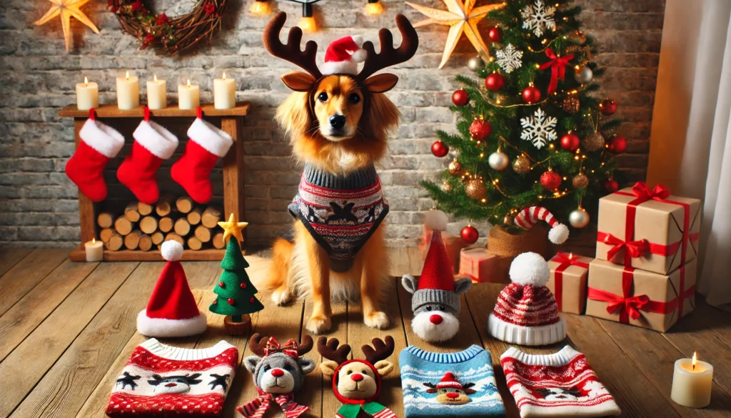 A cheerful display of festive pet accessories, including Santa hats, reindeer antlers, Christmas-themed bandanas, and cozy sweaters, set against a holiday backdrop with a decorated Christmas tree
