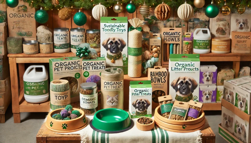 A display of eco-friendly holiday pet gifts featuring sustainable toys made from hemp, organic treats, bamboo bowls, and compostable litter products in a green holiday-themed setting