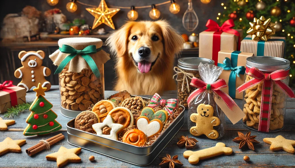 A festive kitchen scene featuring homemade pet treats like holiday-shaped dog biscuits made with pumpkin and tuna-flavored cat treats, presented in decorative tins and bags with holiday ribbons