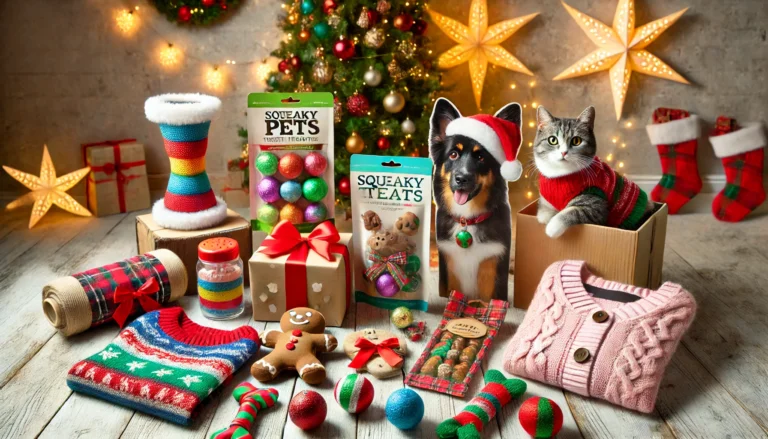 A festive setup showcasing holiday pet gifts including colorful toys, treats in holiday packaging, cozy sweaters, and accessories for dogs and cats with a Christmas backdrop