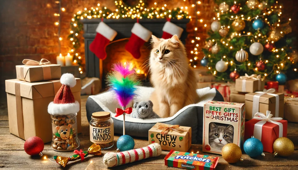 A cozy holiday scene showcasing pet gifts, including interactive toys for cats and dogs, festive treats, and cozy pet beds, with warm lighting and holiday decor
