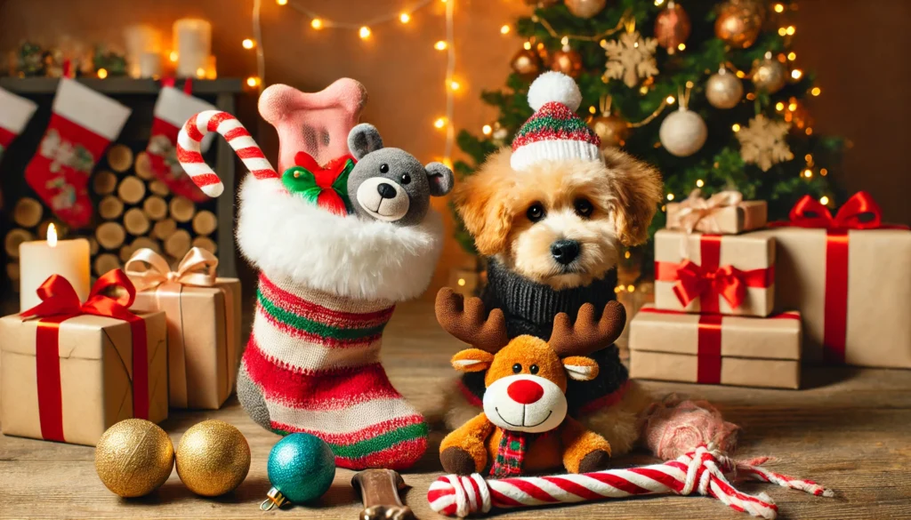 A festive holiday setup featuring dog gifts like candy cane chew toys, reindeer plush toys, durable bones, a cozy winter coat, and a tug rope, with a doggy stocking and Christmas tree
