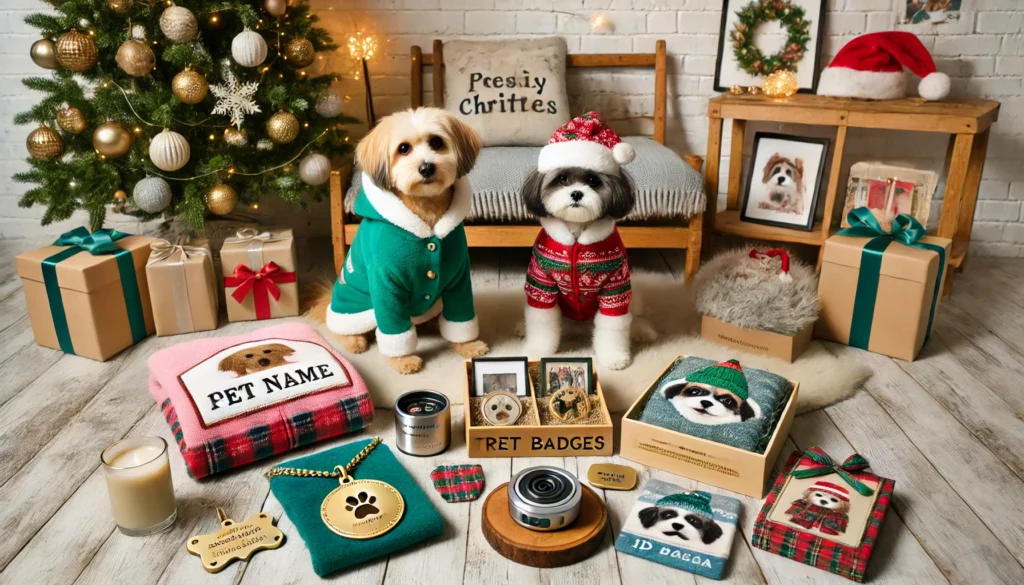 A festive setup featuring personalized blankets, engraved ID badges, a treat-dispensing camera, and matching pet-and-owner holiday attire, set against a joyful Christmas backdrop