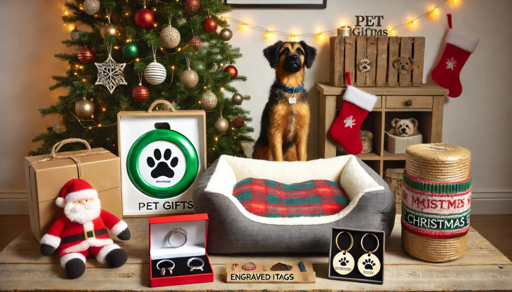 A festive display featuring pet gifts such as a frisbee for dogs, a cozy bed for cats, engraved ID tags, and holiday-themed toys, set against a cheerful Christmas backdrop