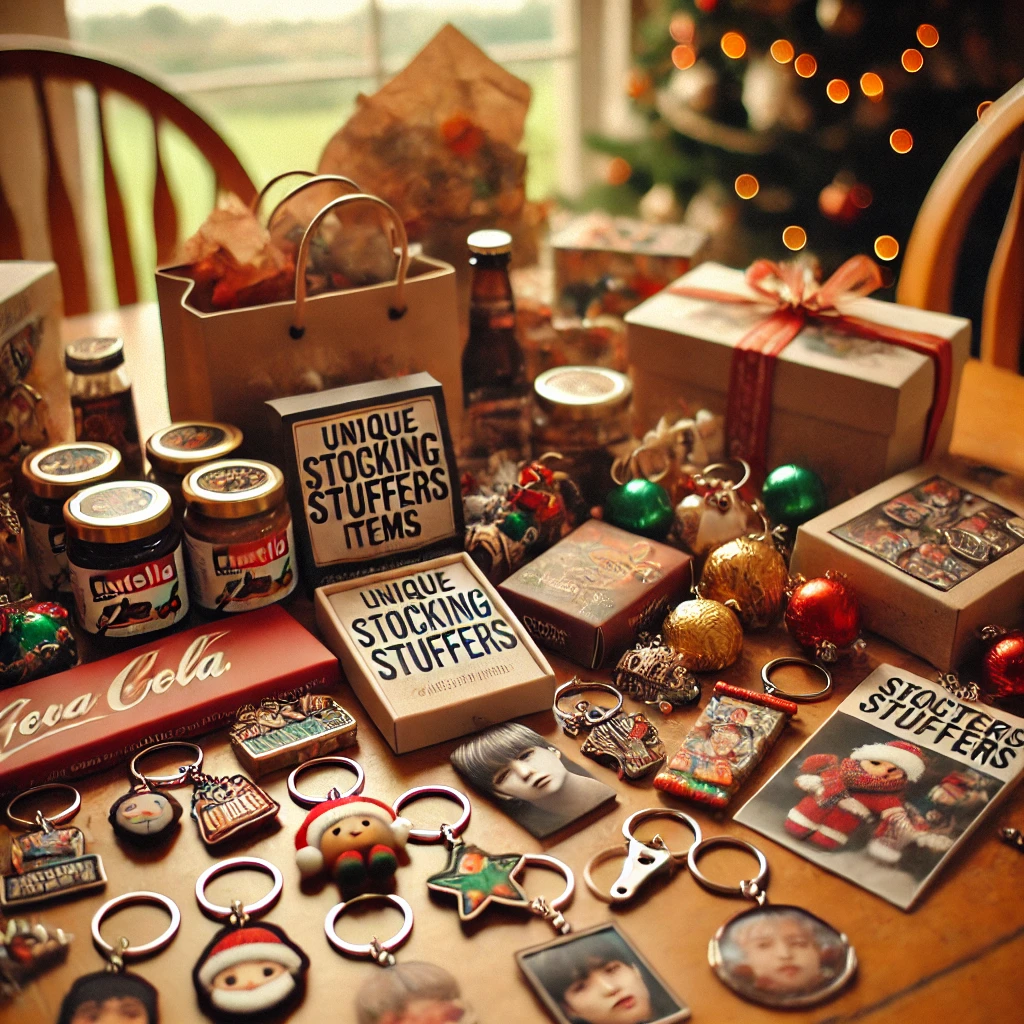 A festive table featuring unique stocking stuffer items like handmade keychains, gourmet chocolates, craft kits, and photo keychains. The warm setting includes holiday decorations in the background