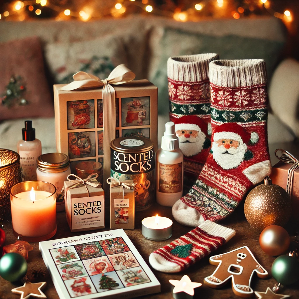 Budget-friendly stocking stuffer ideas displayed on a holiday-themed table, including scented candles, cozy socks, small puzzles, and festive decorations. The scene is warm and festive with Christmas ornaments