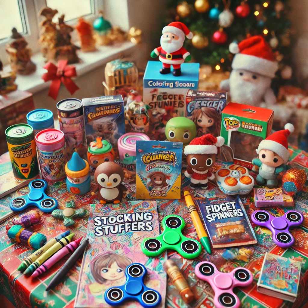 A festive table with stocking stuffer ideas for kids, including mini coloring books, crayons, figurines, fidget spinners, and holiday-themed chocolates. The setting is vibrant and cheerful with holiday decorations
