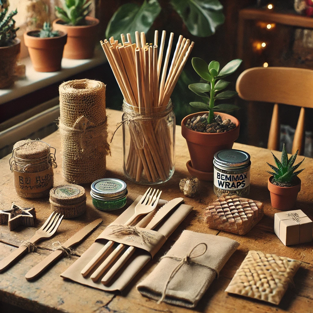 A natural wood table with eco-friendly stocking stuffers like reusable straws, bamboo utensils, beeswax wraps, small potted plants, and seed packets. The setting is earthy and minimalistic with holiday decor