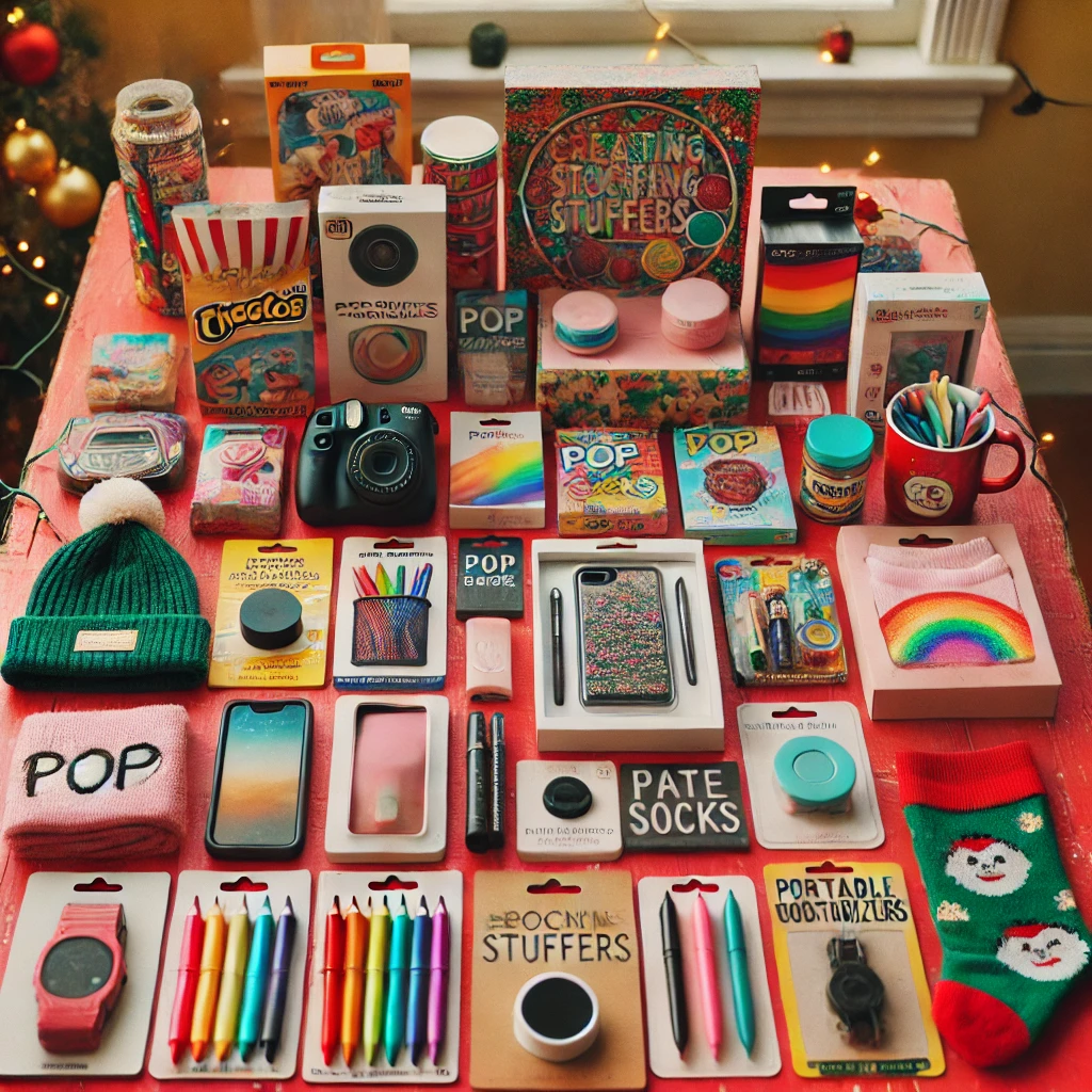A vibrant festive table with stocking stuffer ideas for teens, including quirky phone cases, pop sockets, face masks, mini moisturizers, colorful socks, writing tools, and small tech gadgets like portable chargers. The setting is youthful and fun with holiday decor