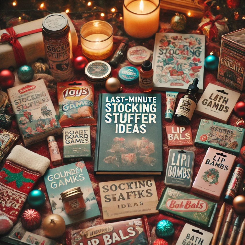 A festive table with last-minute stocking stuffer ideas, including gift cards, compact board games, gourmet snacks, lip balms, bath bombs, notebooks, pens, and festive chocolates. The setting is cozy and holiday-themed