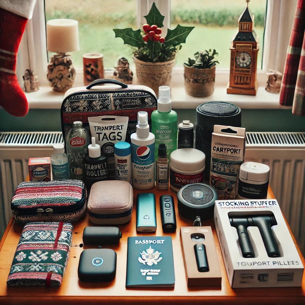 A festive table with stocking stuffer ideas for travelers, including travel-sized toiletries, luggage tags, passport holders, portable chargers, travel pillows, and noise-cancelling earplugs. The setting is neat and festive