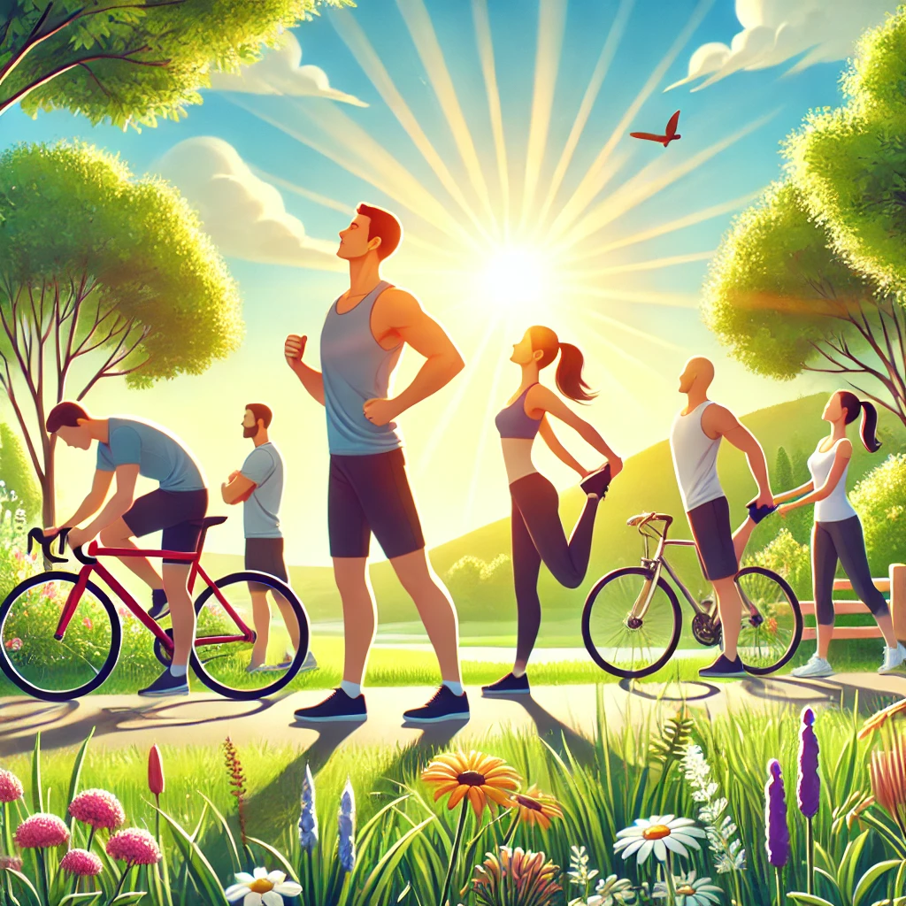 A group of individuals enjoying outdoor activities like jogging, cycling, and stretching in a sunny park with lush greenery and clear skies, highlighting physical and mental health benefits