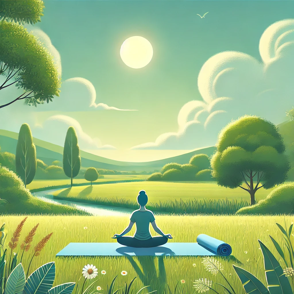 A serene outdoor setting with a person practicing yoga on a grassy field under the sun, surrounded by lush greenery and open skies, emphasizing stress relief and mental clarity