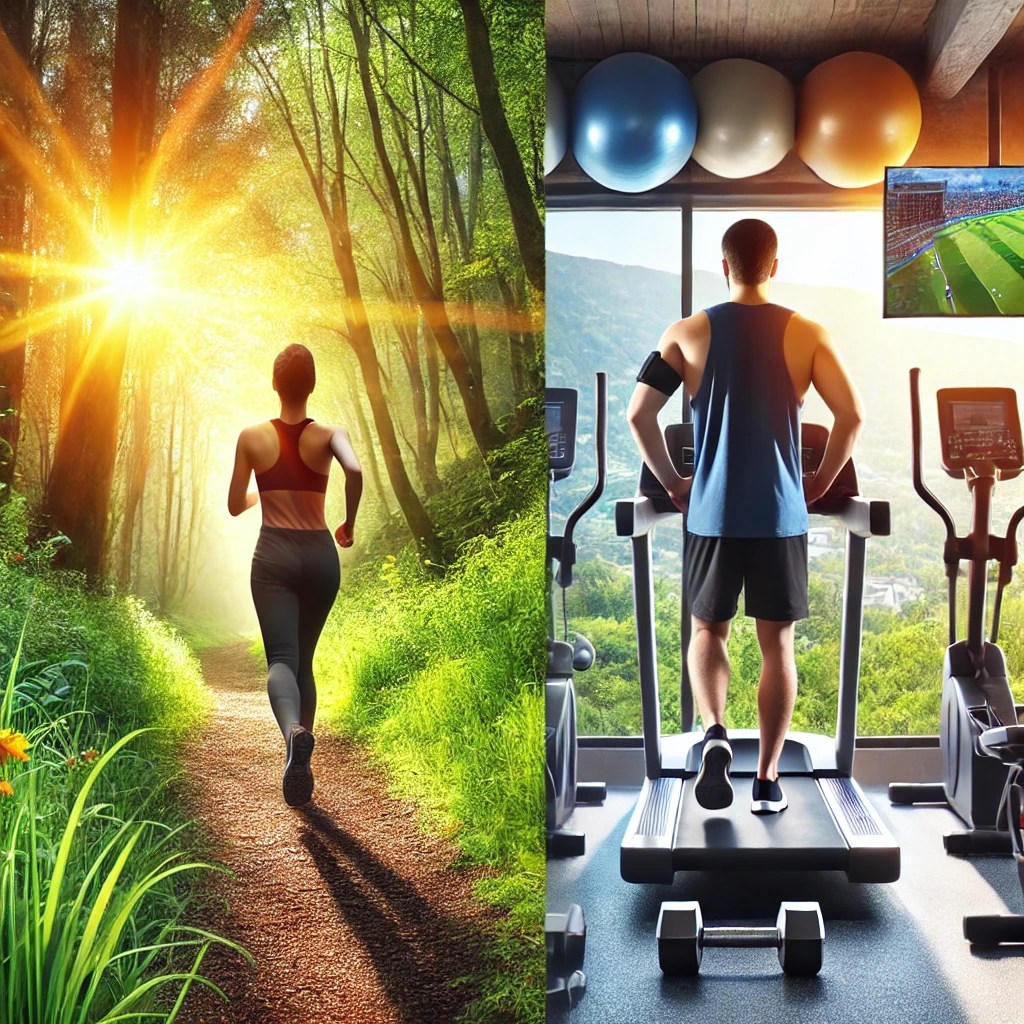 A split image showing a runner on a scenic trail outdoors with sunlight and greenery, contrasted with a gym-goer using equipment indoors, highlighting the differences between outdoor and indoor workouts