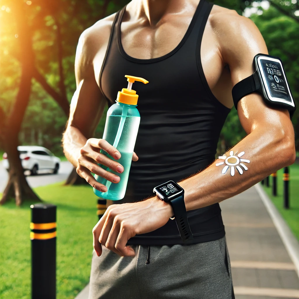 A fitness enthusiast outdoors holding a water bottle, wearing sunscreen, and checking a smartwatch in a well-lit park, emphasizing hydration, sun protection, and fitness monitoring