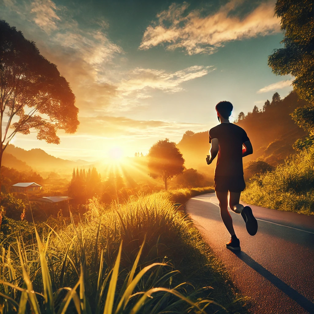 A person jogging on a scenic path during sunrise with a serene backdrop of clear skies and natural greenery, capturing the tranquility of early morning outdoor exercise with warm sunlight and nature