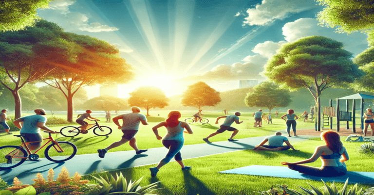 An outdoor fitness scene with people jogging, cycling, and doing yoga in a sunny park, surrounded by lush greenery, showcasing vibrant and healthy outdoor activities